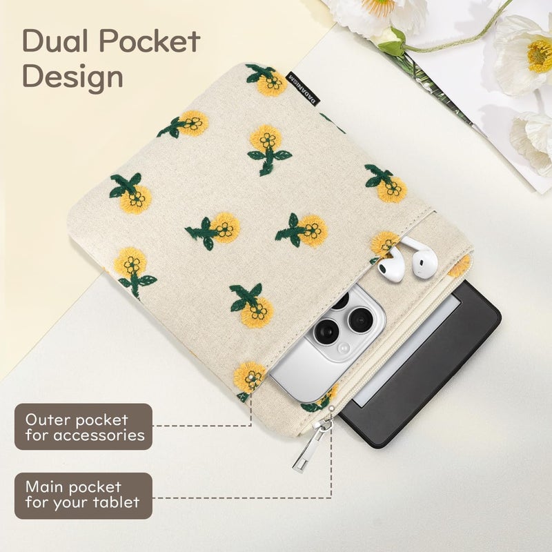 Dadanism Embroidered Daisy Padded Sleeve for All-New Kindle Paperwhite, 7" Kindle Colorsoft Signature Edition, Protective Sleeve Case for 6" K-indle/K-indle Oasis/Kobo E-Reader, Hemp Yellow Flower - Image 4